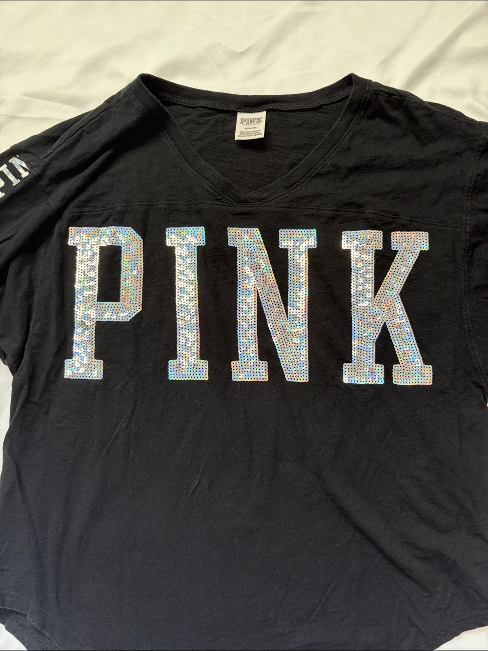 PINK Victoria's Secret Black Sequin Logo V-Neck Tee